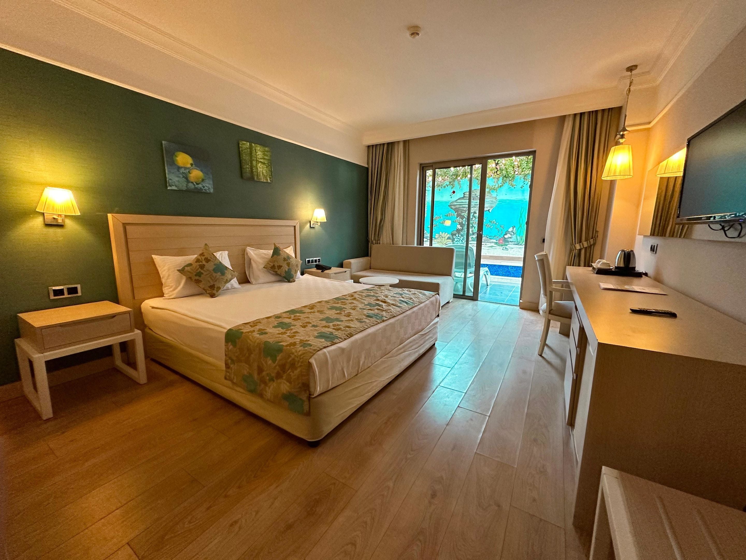 A hotel room with a large bed, a desk, a chair, a TV, and a view of the outdoors.
