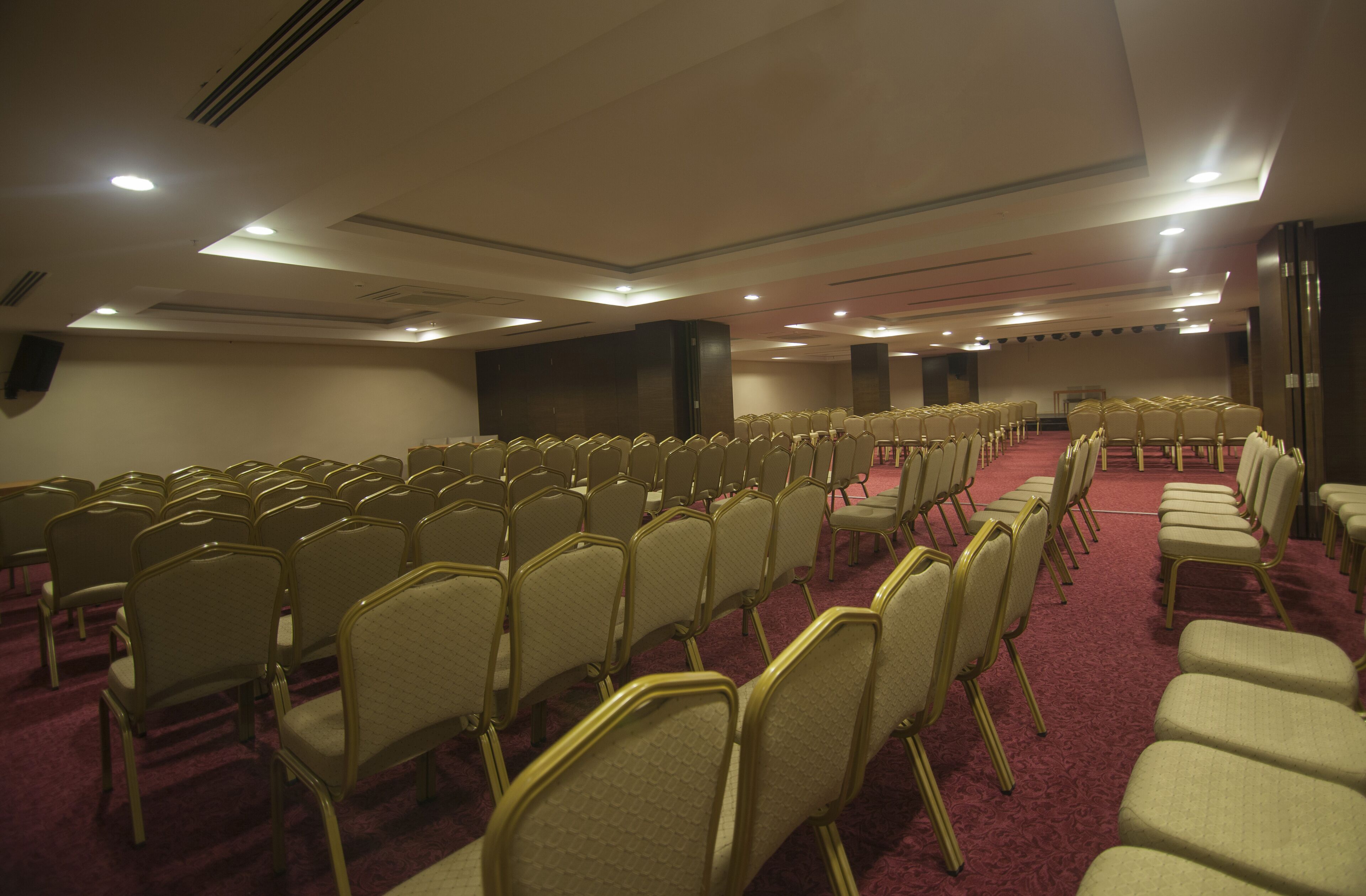 Un salón de conferencias con filas de sillas y un escenario.