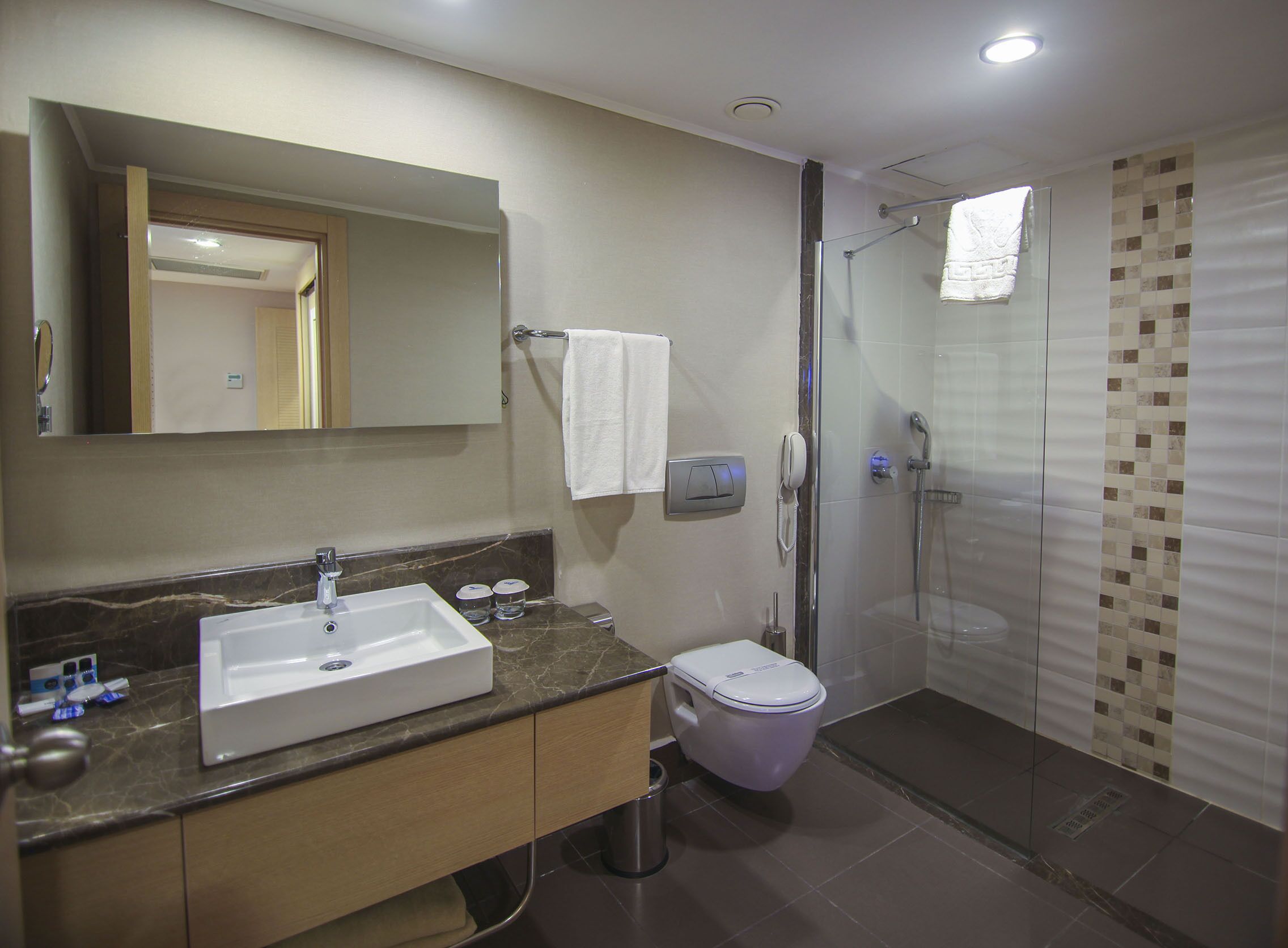 A modern bathroom with a large sink, mirror, toilet, and glass-enclosed shower.