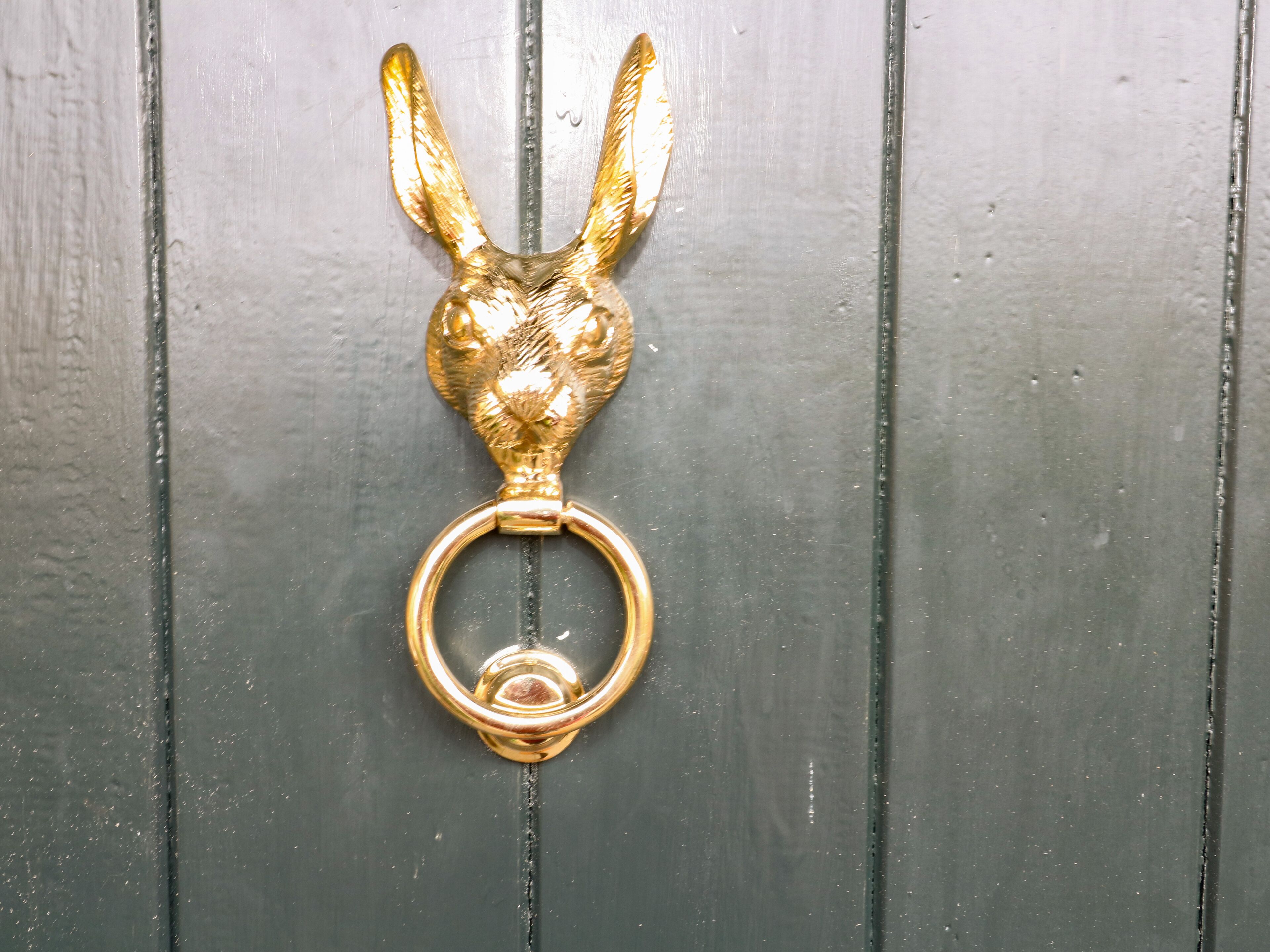 A golden door knocker with a rabbit design.