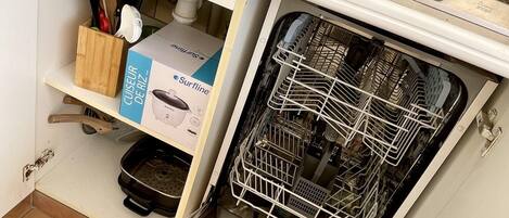 A kitchen with a dishwasher, a sink, and a dish rack.