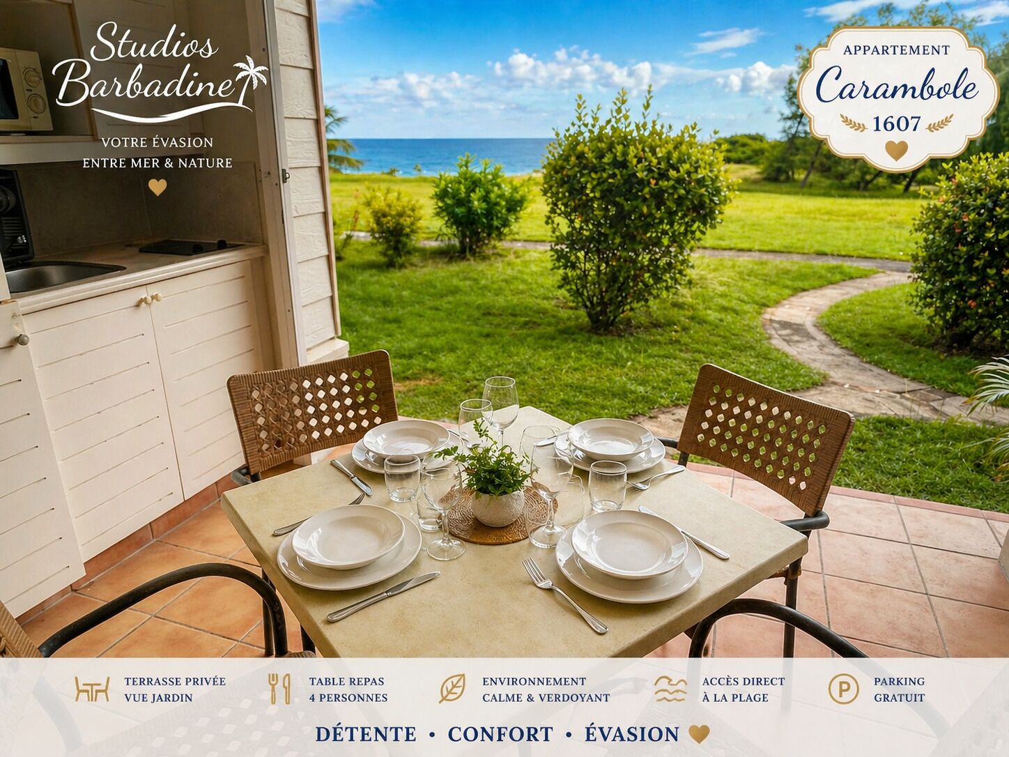 Panoramic Studio, 1 Queen Bed with Sofa bed, Sea View, Sea Facing (Carambole 1607 RDC Vue mer) | Terrace/patio