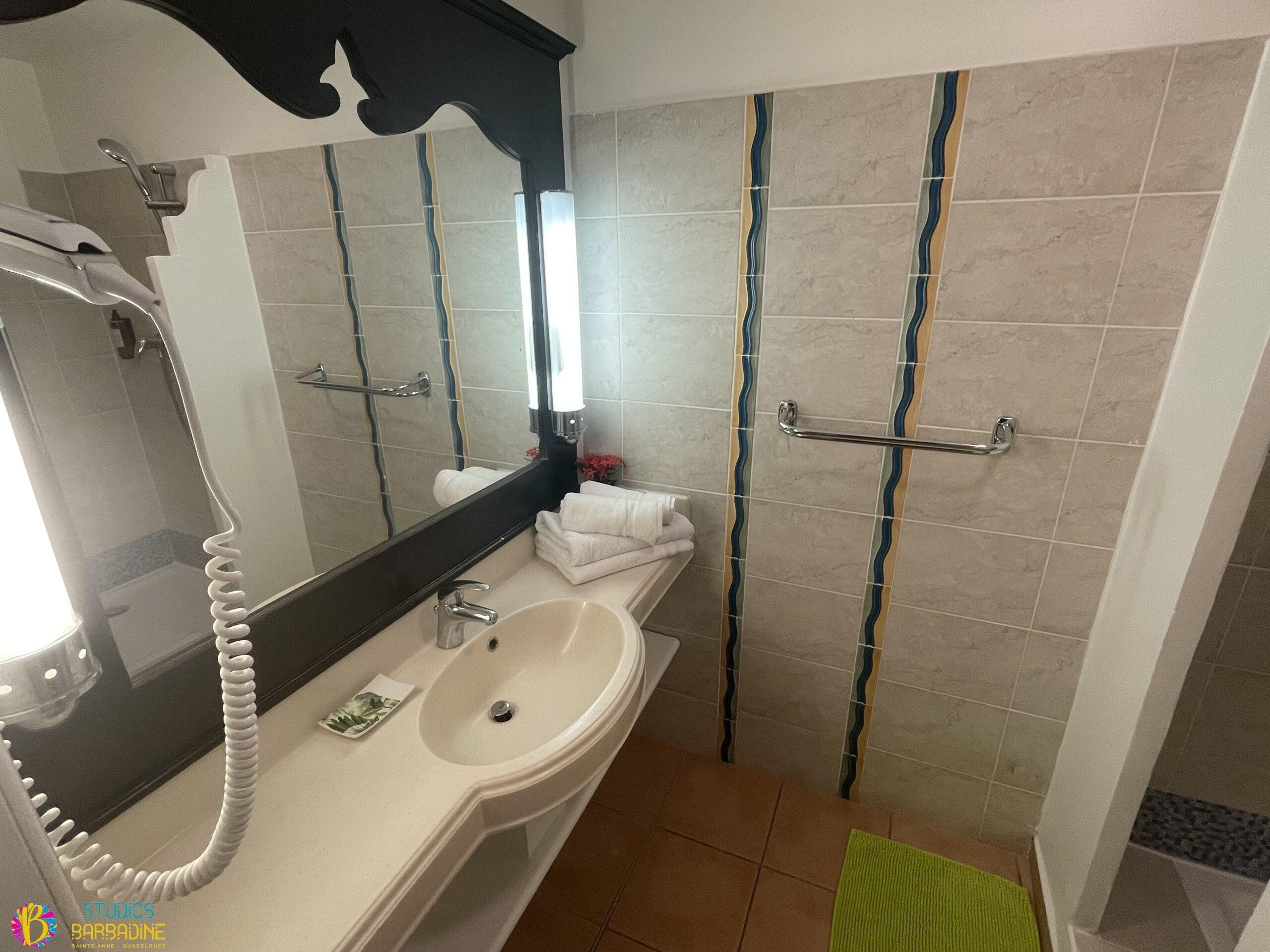 Een badkamer met een wastafel, spiegel, handdoekrek en douchehoek.