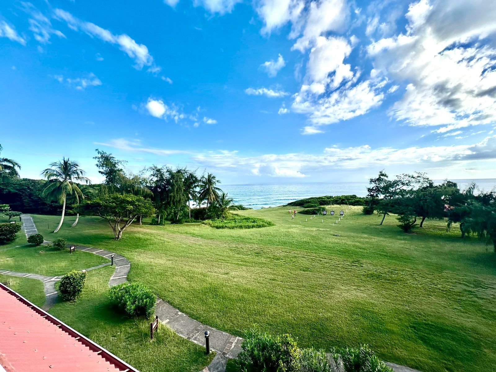 A grassy area with a pathway leading to a beach, palm trees, and a clear sky.