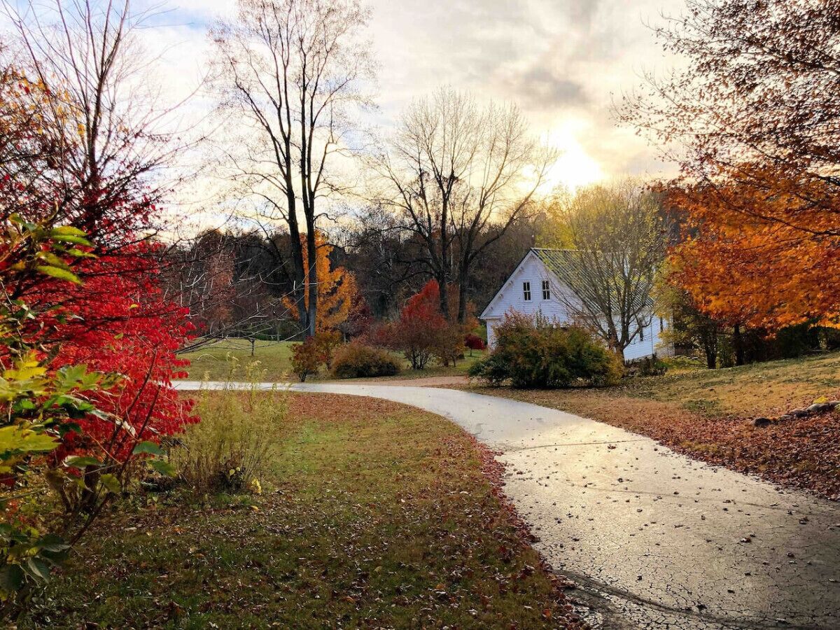 Uma estrada rural que leva a uma casa branca, rodeada por folhagem de outono.