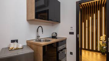 Estudio de lujo | Cocina privada | Frigorífico pequeño y hervidor eléctrico