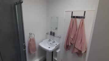 Shower, towels, toilet paper