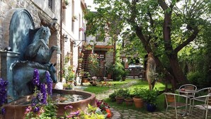 Une cour avec une fontaine, des plantes en pot et une statue.