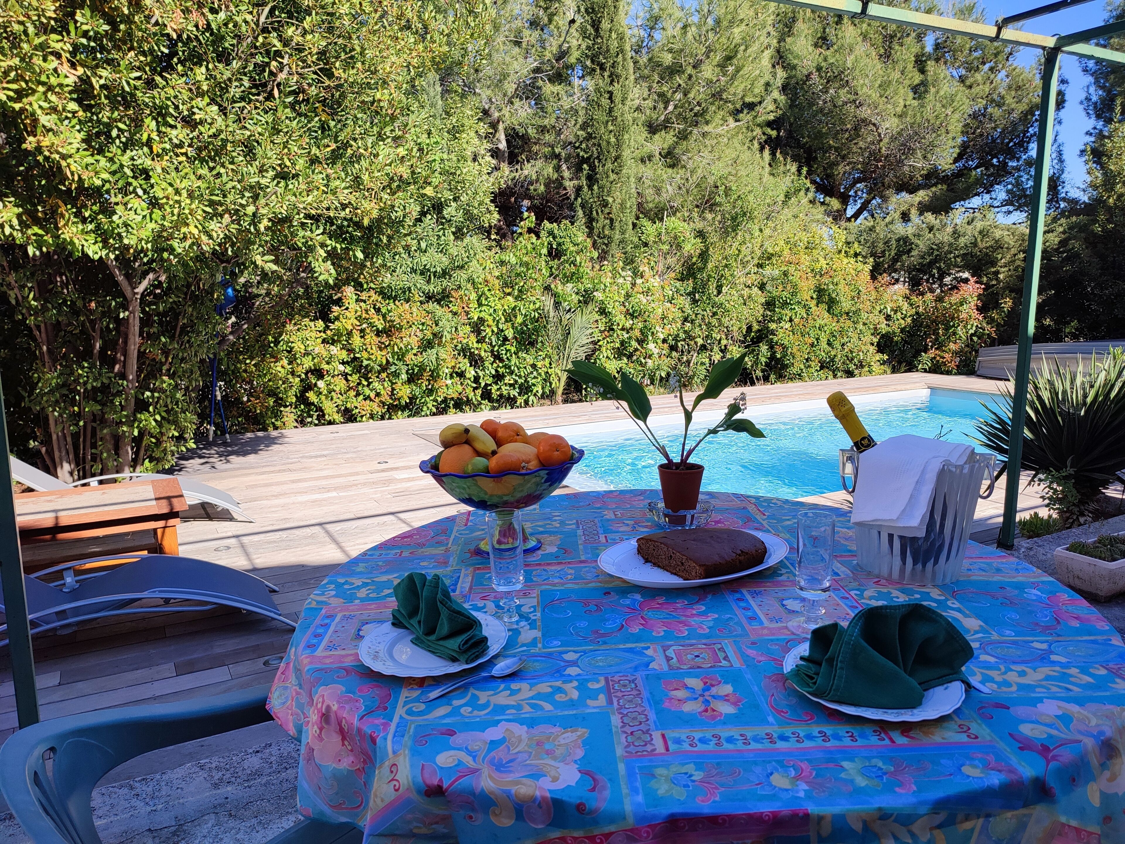 An outdoor dining area with a pool, surrounded by trees.