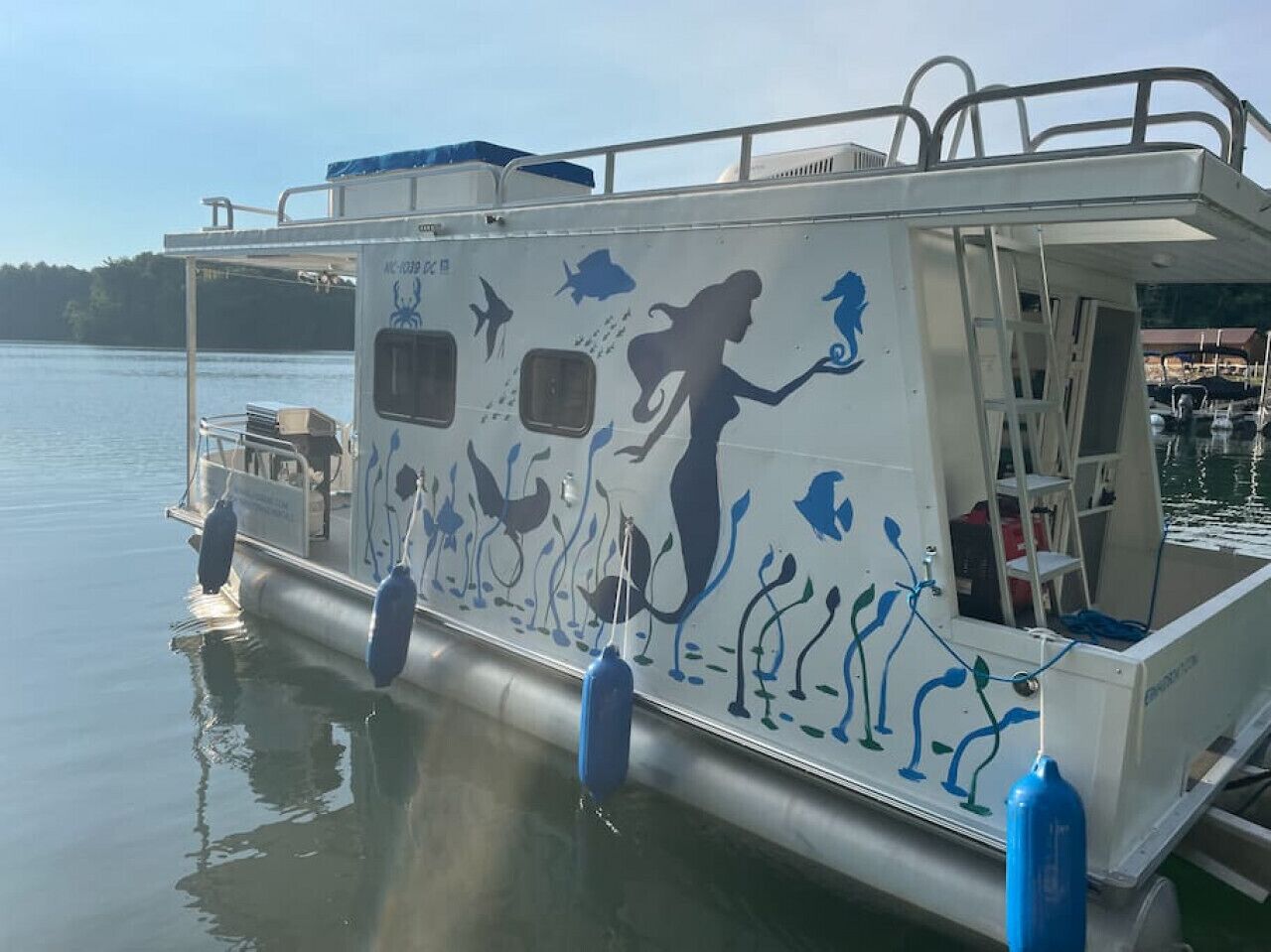 Un bateau orné d’une fresque représentant une sirène, muni d’une échelle et doté d’une cabine.