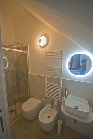 Shower, hair dryer, bidet, towels