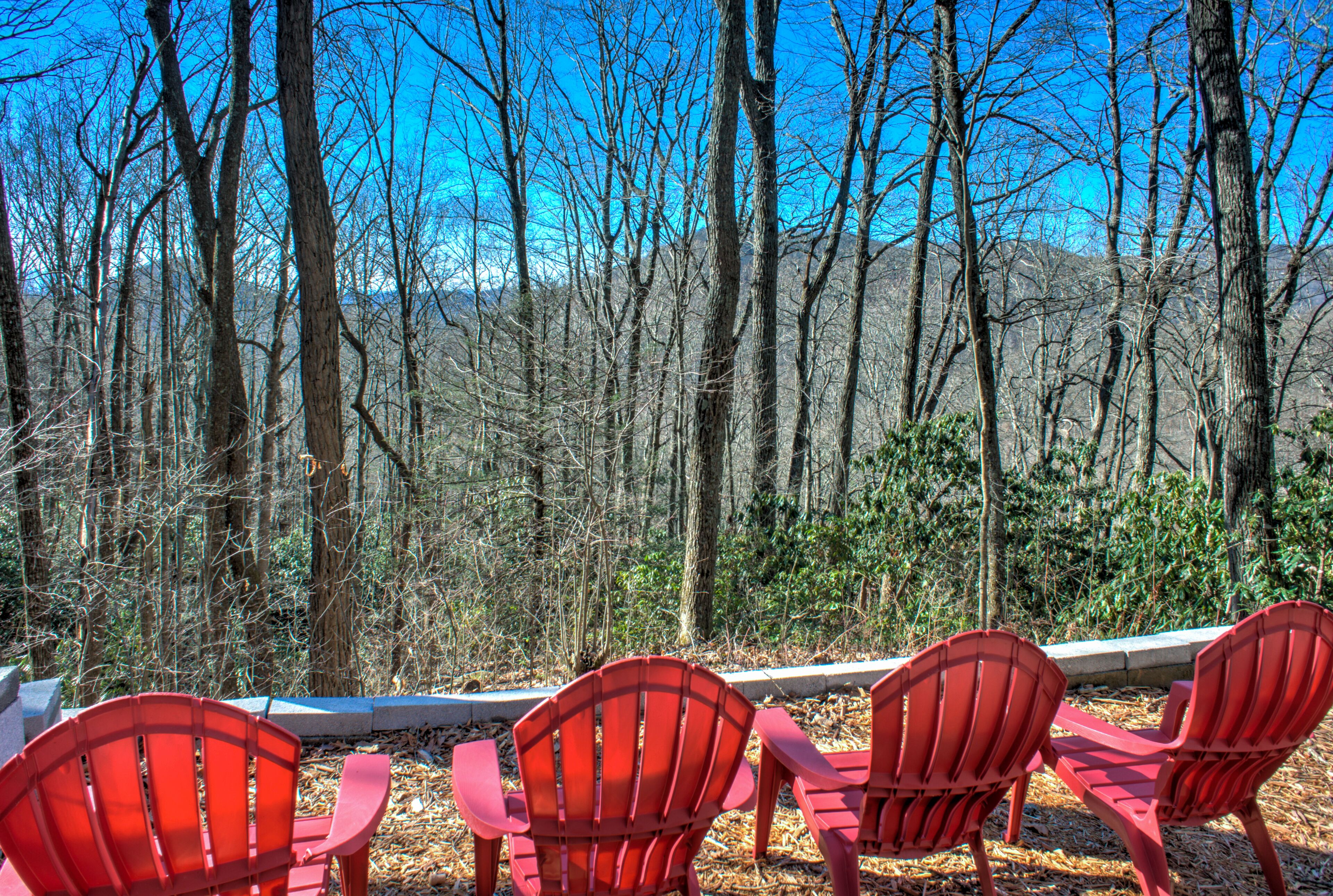 Fileira de cadeiras Adirondack vermelhas voltada para uma área arborizada sob um céu azul límpido.