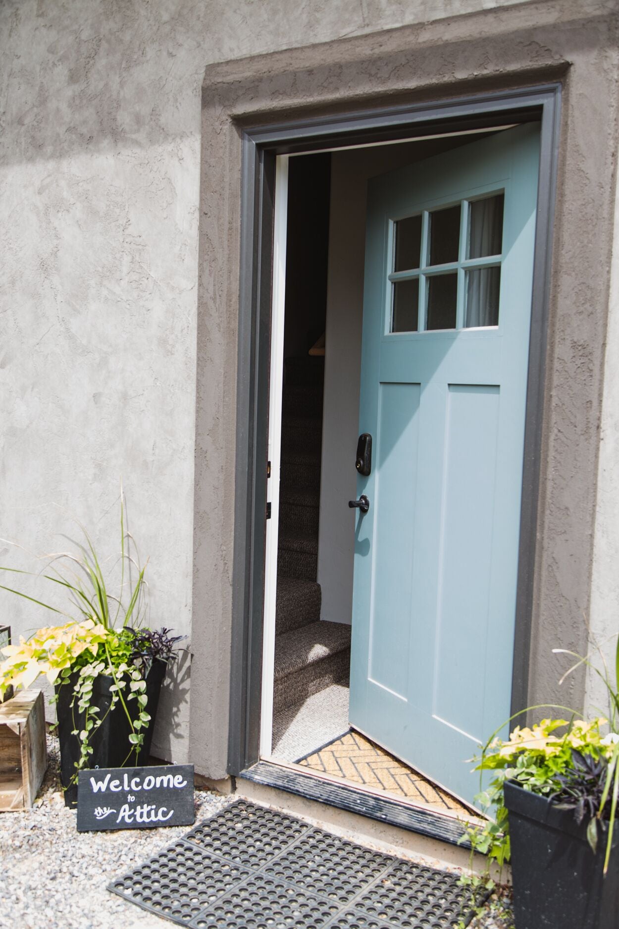 Entry with electronic keypad for secure entry.
