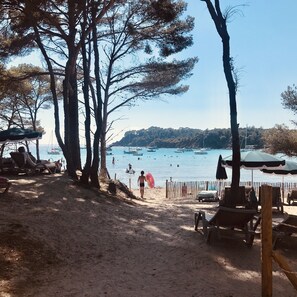 A beach with sun loungers, umbrellas, and a sandy path leading to the water.