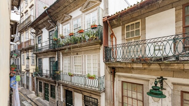 A narrow street with buildings featuring balconies with potted plants. - Sunny Oporto, Douro Apartments (Porto)