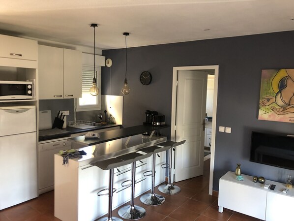 Réfrigérateur, micro-ondes, plaque de cuisson, lave-vaisselle