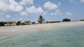 A beachfront property with multiple buildings, a sandy beach, and clear turquoise water.