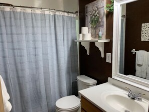 Combined shower/bathtub, hair dryer, towels, soap