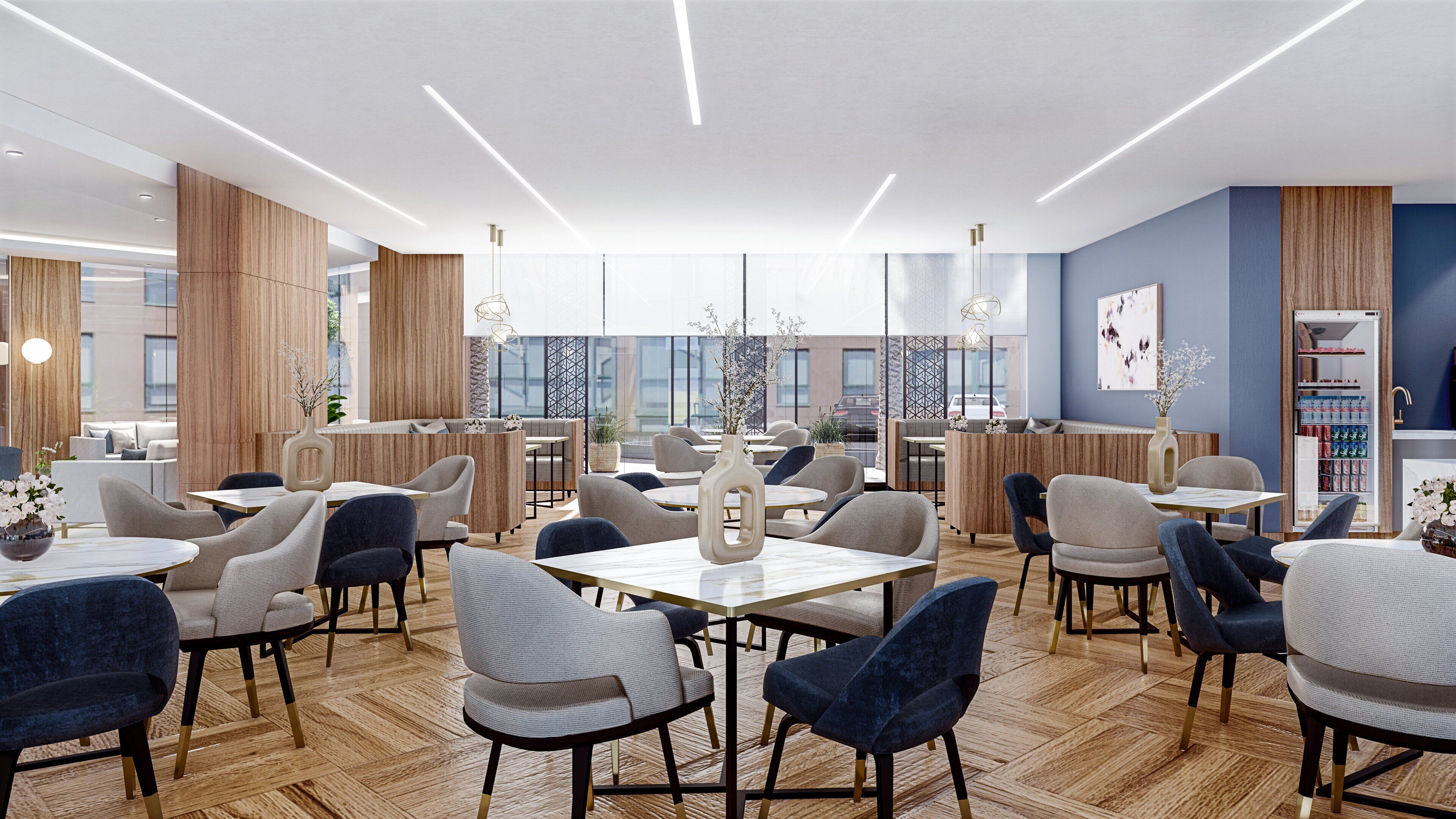 A modern restaurant with high ceilings, wooden paneling, and a mix of round and square tables.