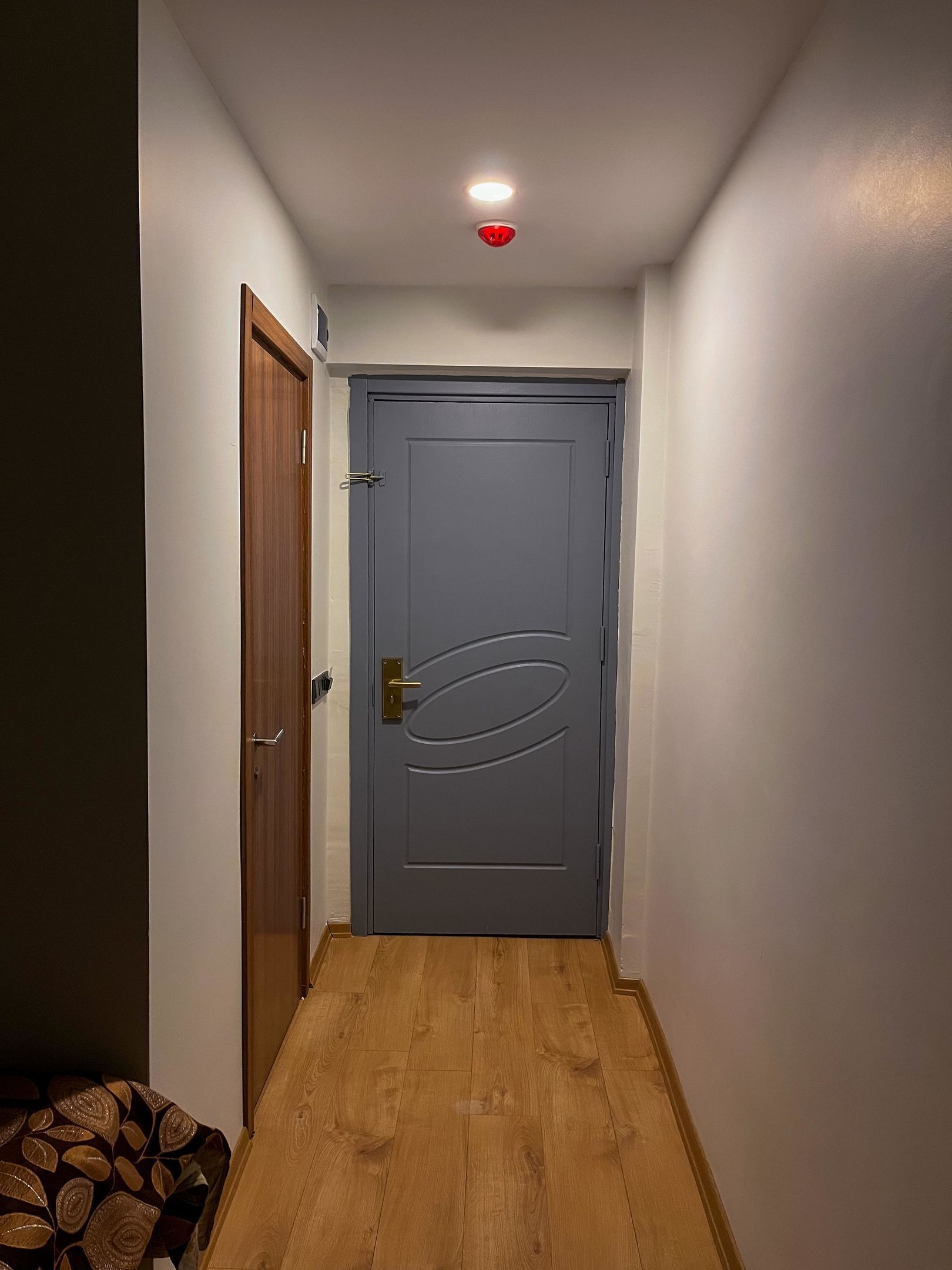 Un pasillo estrecho con piso de madera, una puerta azul con manija de bronce y una lámpara en el techo.