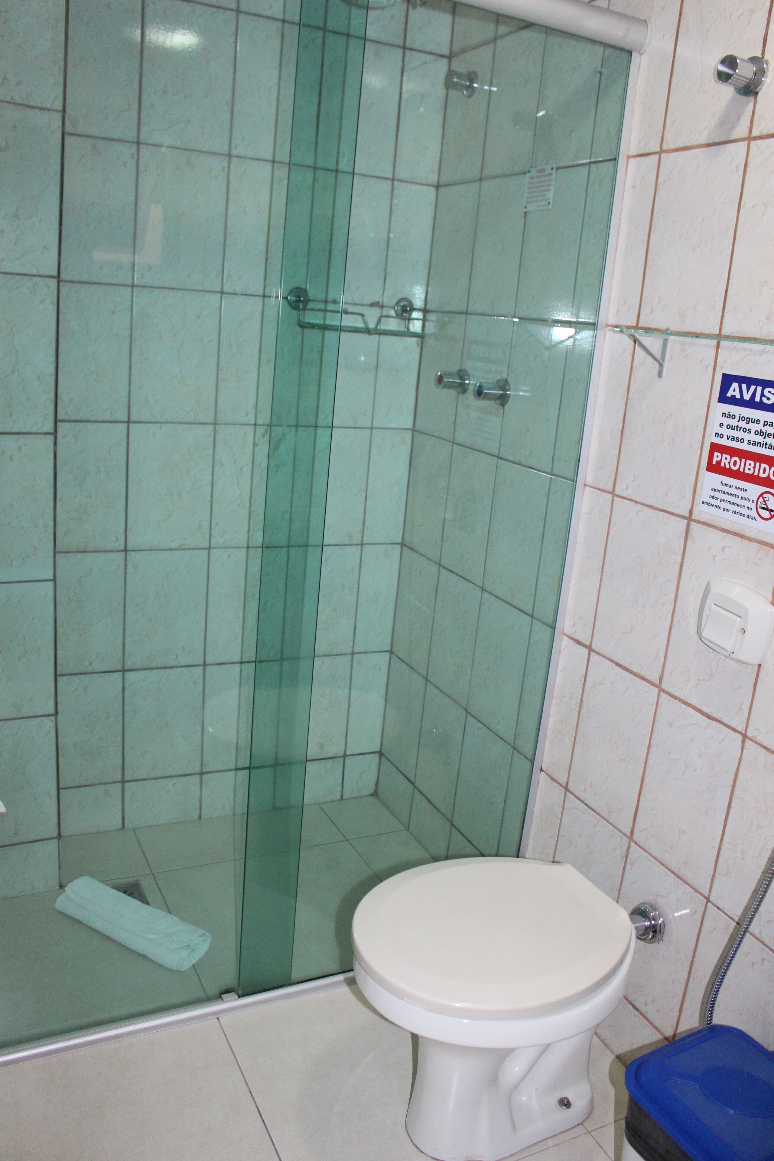 Badkamer | Een douche, een regendouche, handdoeken, zeep