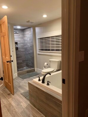 Combined shower/tub, jetted tub, hair dryer, towels