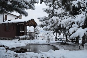 A cabin with a wooden porch and a small pond in the foreground. - Kibriscik Koroglu Dag Evleri (Kibriscik)