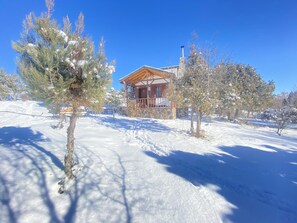 Chalet estándar | Escritorio, tabla de planchar con plancha, ropa de cama