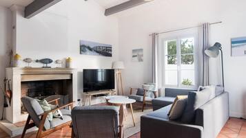 Televisie, een open haard en boeken