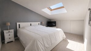 A bedroom with a skylight, a bed, a TV, and a nightstand.