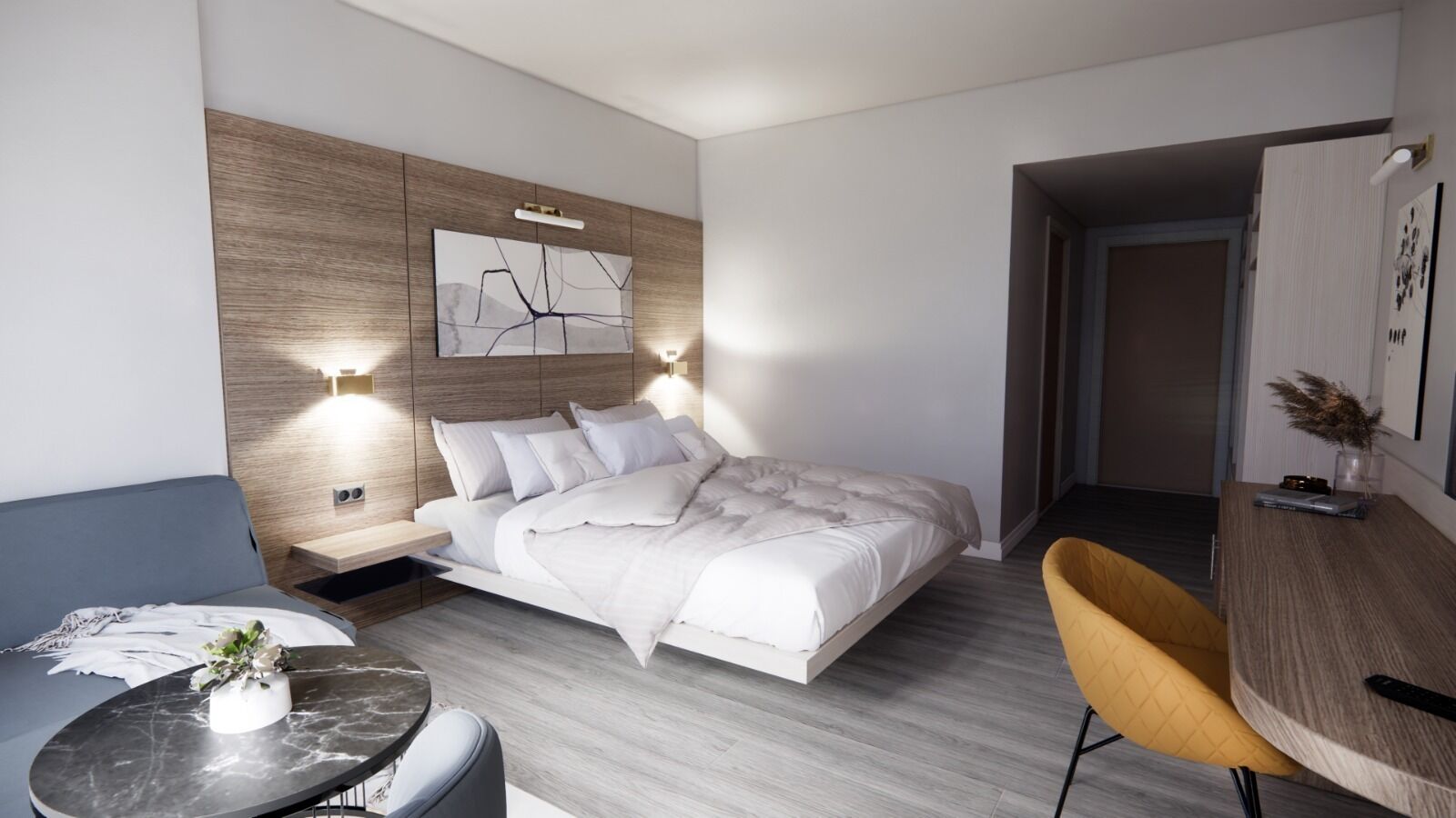 Minibar, caja de seguridad en la habitación y escritorio 