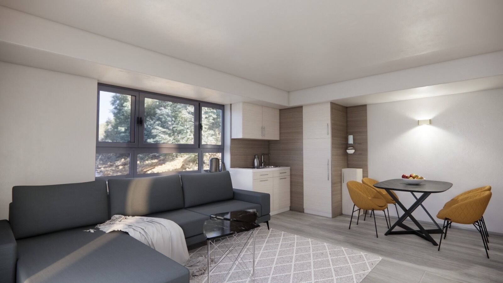 A modern living space with a sofa, dining table, and kitchen area.