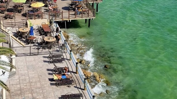 A coastal area with a pier, beach, and a restaurant with outdoor seating. - Florida escape Quiet area.Restaurants all over,Clearwater 1 hr away,Orlando1hr.  (Spring Hill)
