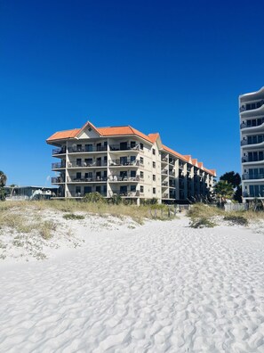 On the beach, sun loungers