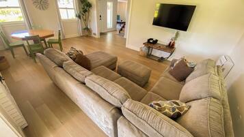 Smart TV, fireplace, books