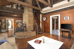 Smart TV, fireplace, DVD player, books