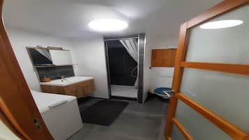 Shower, hair dryer, towels, toilet paper