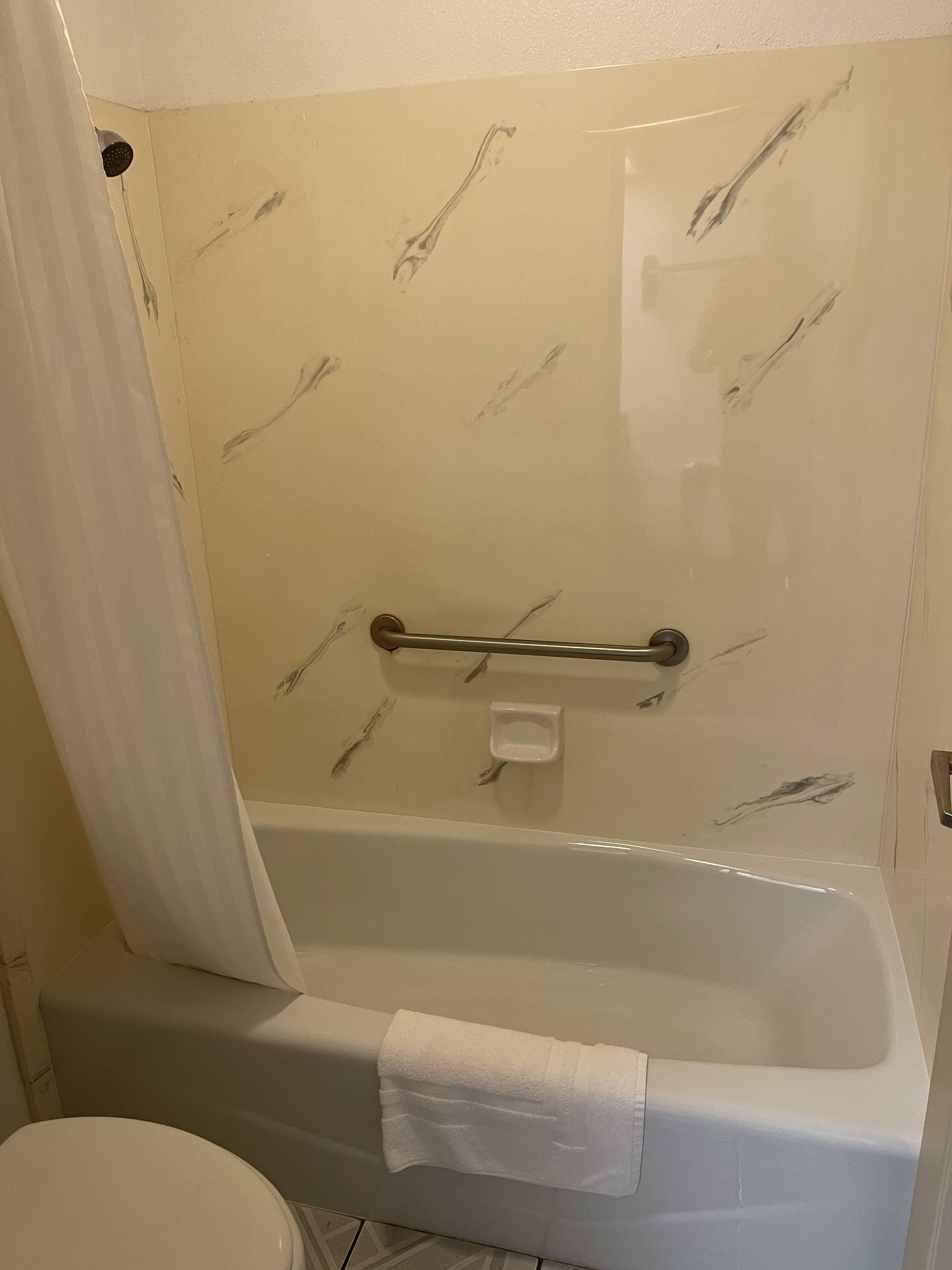 A bathroom with a bathtub, a toilet, and a shower curtain.