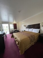 Una habitación de hotel con una cama grande, un escritorio y una silla.