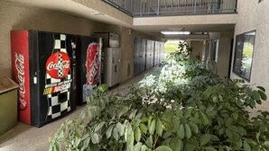 Ein geräumiger Innenbereich mit hoher Decke, einer zentralen Pflanze und Verkaufsautomaten, darunter ein Coca-Cola-Kühler.