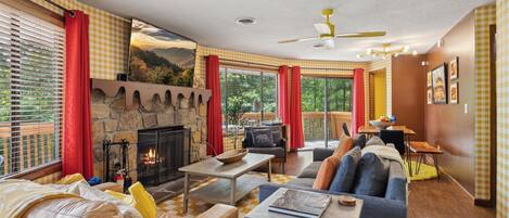 TV connectée, cheminée, jeux vidéo, livres