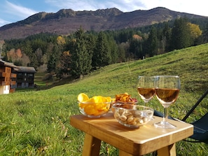 A wooden table with a glass of wine and bowls of fruit and nuts on a grassy hill with a mountain view. - Valmorel - Beautiful Apartment at the Foot of the Slopes (Les Avanchers-Valmorel)