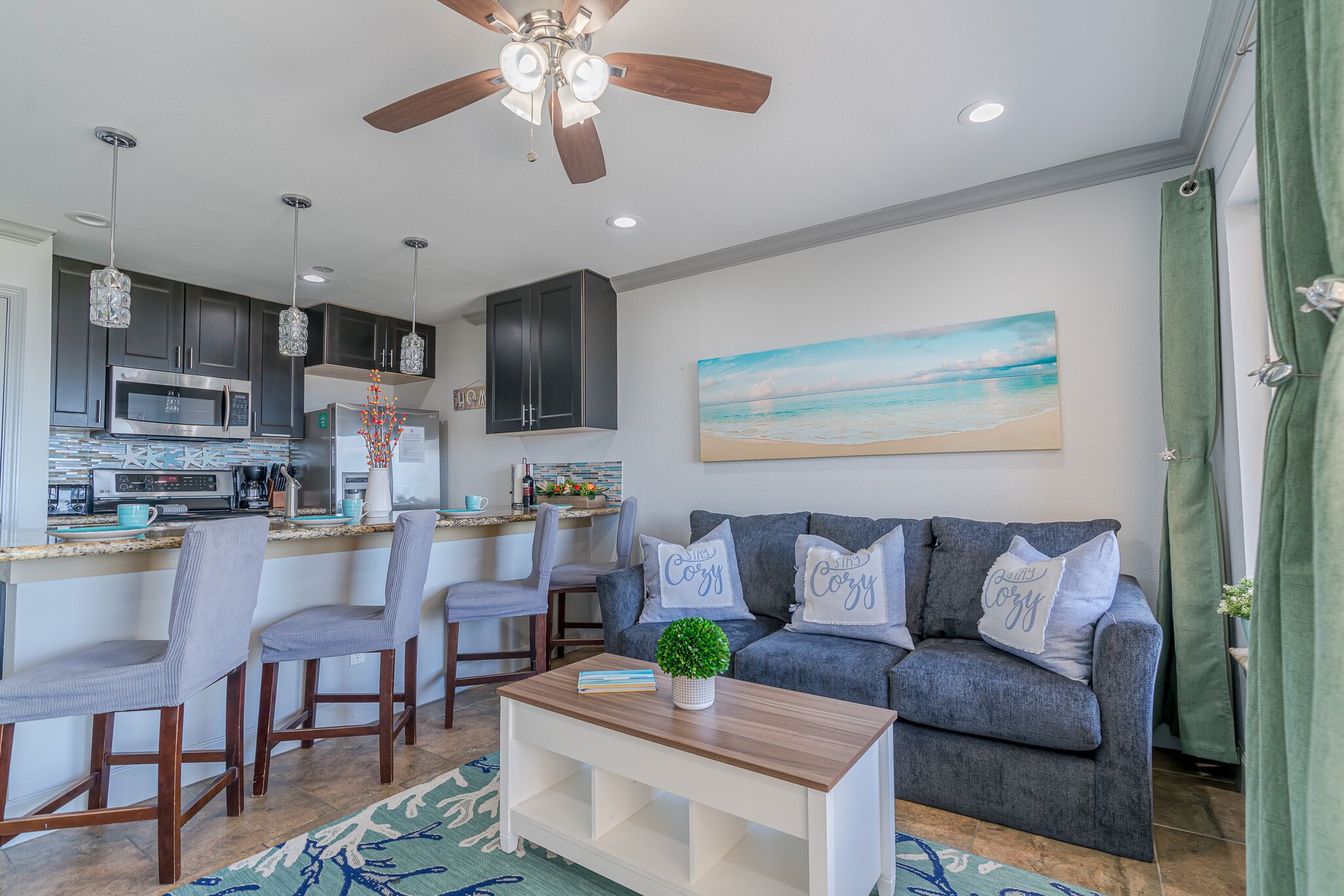 Smart TV, fireplace, DVD player, books