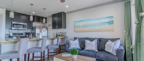 Smart TV, fireplace, DVD player, books