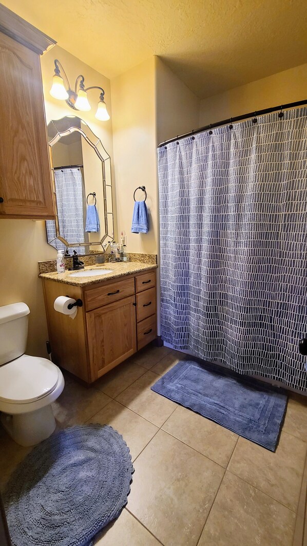 Une salle de bain avec un meuble-lavabo en bois, un évier, des toilettes, une douche avec un rideau à motifs et deux tapis sur le sol.