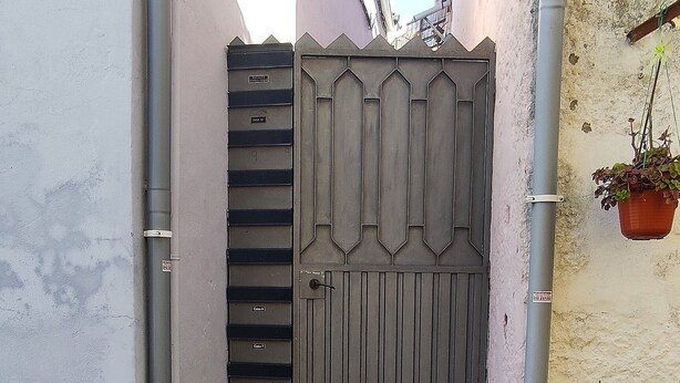 Un estrecho callejón con una reja de metal, escalones de piedra y plantas en macetas.