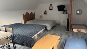 A bedroom with a bed, a desk, a chair, a dresser, a TV, and a mirror. - Comfortable apartment with garden access and weights room (Mardié)