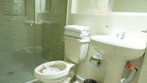 A bathroom with a glass shower enclosure, a toilet, and a sink. - Hotel Mar Caribe (Puerto Vallarta)