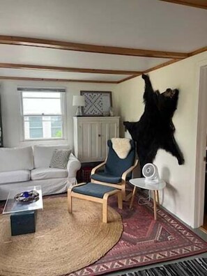 A living room with a sofa, armchair, coffee table, and a mounted animal hide on the wall.