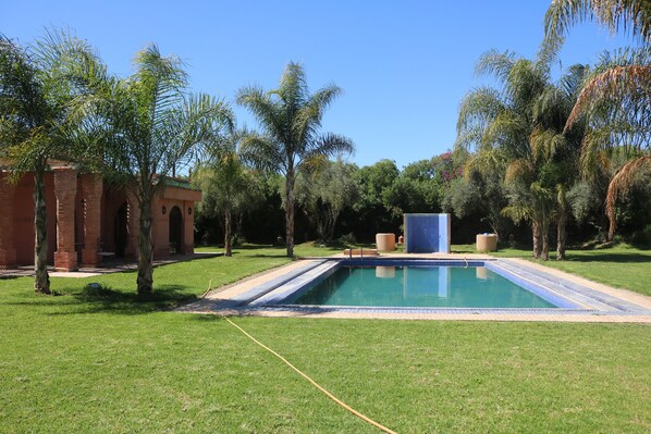 A rectangular swimming pool with a tiled deck, surrounded by a well-maintained lawn and palm trees. - Jewel of Palmeraie (Marrakech)